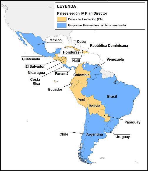 Según el IV Plan Director de la Cooperación Española (2013-2016) América Latina y Caribe Países de Asociación (PA) 12 países Bolivia, Colombia, Cuba, Ecuador, El Salvador, Guatemala, Haití, Honduras,