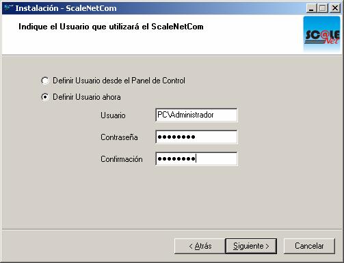 b. Servicio ScaleNetCom: instalación del modulo de comunicaciones que funcionara como un servicio de Windows (solo para Windows NT, Windows 2000 y Windows XP) i.