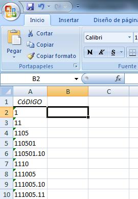 cuenta contable correspondiente al código de la columna B En