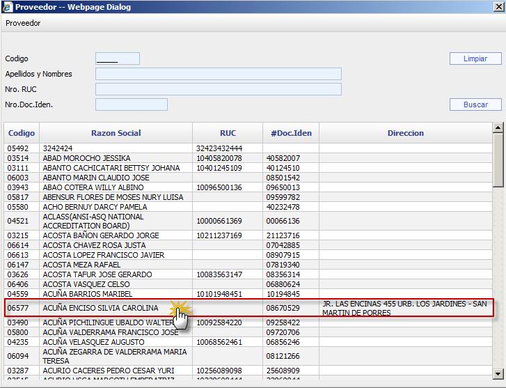 Luego verá una ventana con el listado de proveedores del Instituto Nacional de Salud registrado en SIGA.NET, en el cual muestra una interfaz de busqueda de Proveedores.