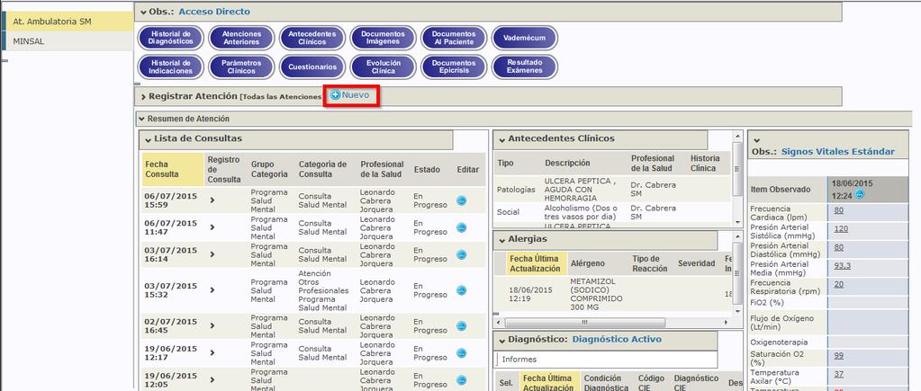 Al haber hecho clic en RCE Clínico AMB SM, aparecerá la siguiente pantalla. En donde visualizará el Registro Clínico Electrónico del paciente.