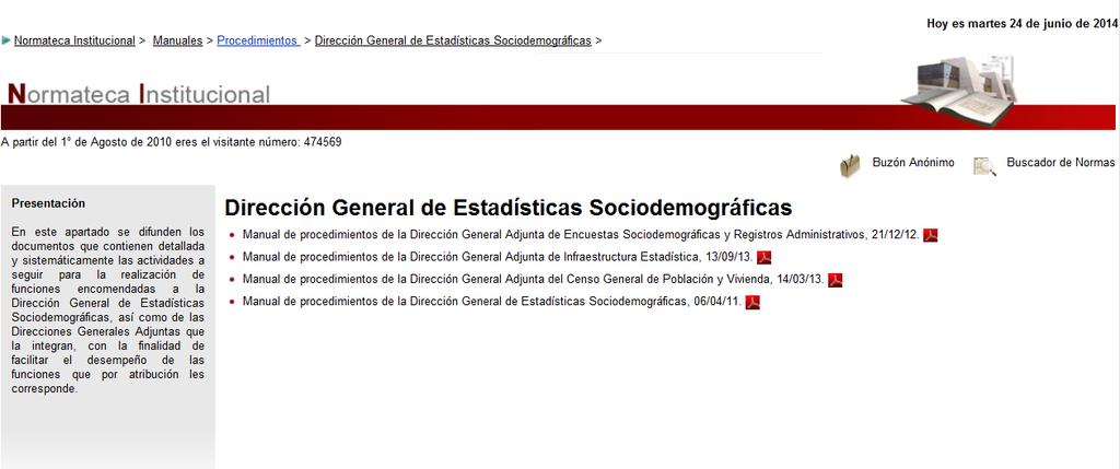 Manuales de procedimientos de la Dirección General de Estadísticas Sociodemográficas, así como de las Direcciones Generales