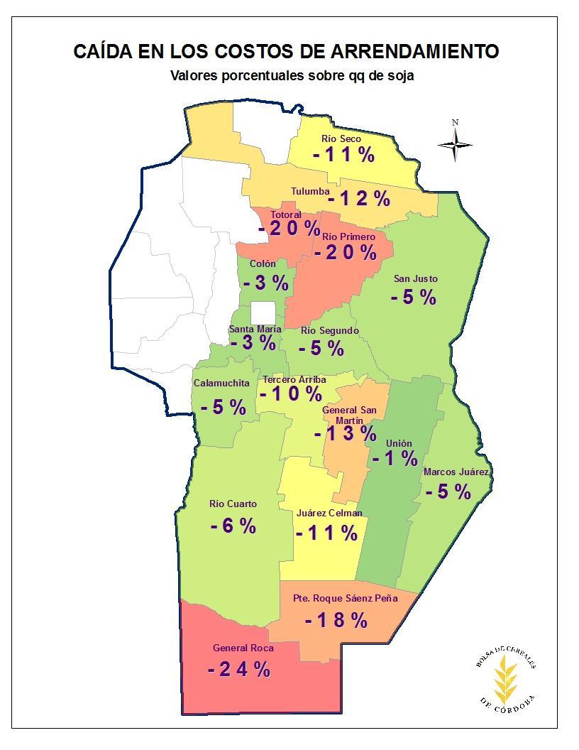 Caída porcentual de los arrendamientos por departamento - Ciclo 2013/2014 - Totoral Río Primero Caída promedio del