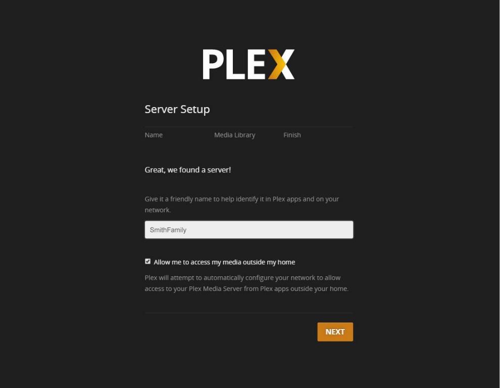 A continuación, deberá asignar un nombre a su servidor Plex. Puede elegir el nombre que desee. Este será el nombre del servidor al que conectará para acceder a su contenido multimedia.