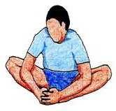 3.- Estiramiento de ingles y espalda. Pon juntas las plantas de los pies y cógete los dedos.