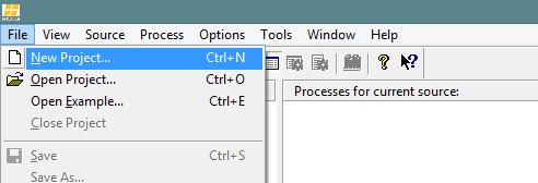 En la opción de menú File, se selecciona la opción Nuevo Proyecto: Se asigna un nombre al proyecto y un subdirectorio para contener los archivos del proyecto.