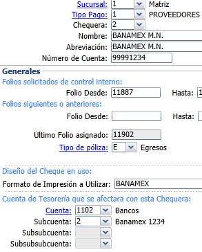 Cuenta de Tesorería Chequera Catálogo de Cuentas de Tesorería Código Contable Entonces CT se sustituye por 1102 