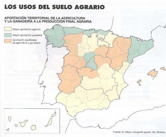Sector primario 1. El mapa representa los usos del suelo agrario.