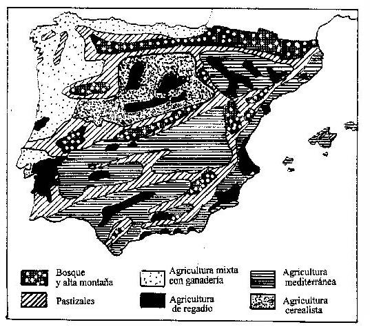 5. El mapa representa la distribución de los diferentes tipos de usos y aprovechamientos agrarios en la P. Ibérica y Baleares.