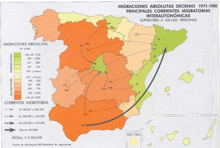 3. Analice el mapa de migraciones interiores en 1971-80 y responda a las siguientes cuestiones: a) En la década de 1971-80 qué Comunidades Autónomas tienen valores emigratorios superiores a 101.