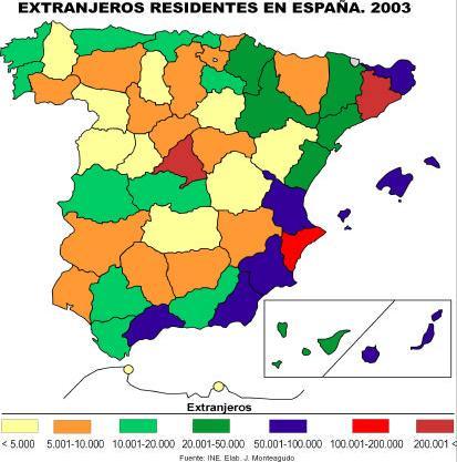 9. El mapa representa la localización de la población extranjera en las provincias españolas. En función de ello responda a las siguientes cuestiones: a) Qué provincias acogen de 20.