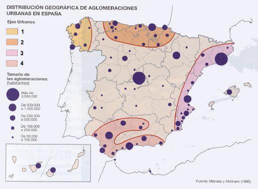 Urbanismo 1. El mapa siguiente muestra la red de ciudades en España, en 1991. Analícelo y responda a las preguntas siguientes: a) Diga qué ciudades sobrepasan los 500.000 habitantes.