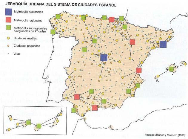 3. El mapa siguiente muestra el sistema de ciudades en España, en 1991.
