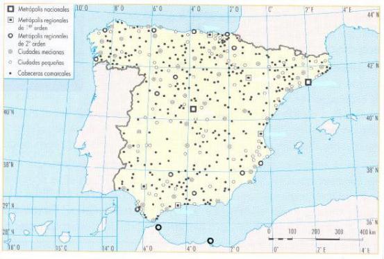 7. El mapa muestra el sistema de ciudades de España. Obsérvelo y responda a las siguientes cuestiones: a) Dé los nombres de las metrópolis nacionales; y de las metrópolis regionales de 1º orden.