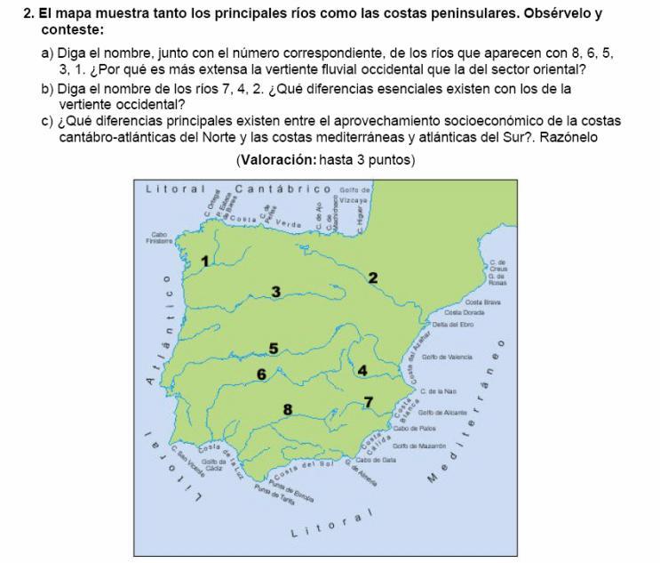 Aguas 1. 2. Analice el mapa que sigue y responda a las siguientes cuestiones: a) Enumere, de Norte a Sur, cinco ríos de la vertiente mediterránea española.