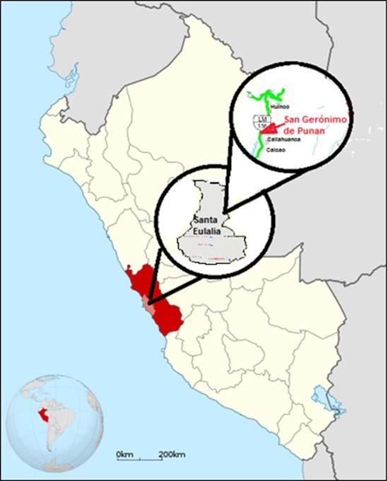 Zona de Estudio Santa Eulalia se ubica en la Provincia de Huarochiri, parte del Gobierno Regional de Lima-Provincias La comunidad de San Geronimo de Punan: Ubicada a 52 km de la ciudad de Lima