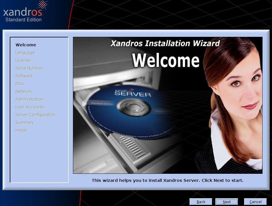 Paso 1. Server Bienvenida. Para empezar el proceso de instalación de Xandros debe dar click en el botón Next. Paso 2. Configuración del idioma.