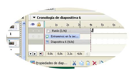 En la parte superior izquierda de la pantalla, del modo Editar, se encuentra lo que Adobe Captivate denomina Cronología de diapositiva.