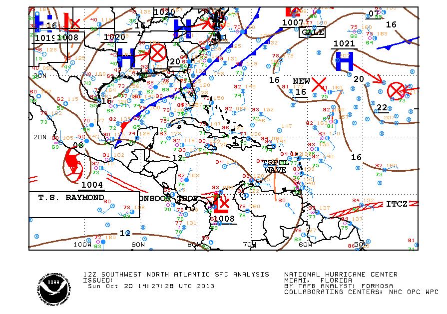 18 Resumen Meteorológico C C Figura 3.3.1. A la izquierda el mapa de análisis sinóptico del Centro Nacional de Huracanes.