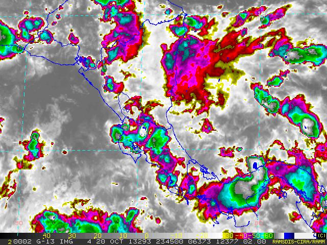 C) y D) Imágenes satelitales del canal infrarrojo con resolución de 2 km para Costa Rica de las 2245 UTC y 15 UTC (4:45 pm y 5:45 pm, hora local) respectivamente.