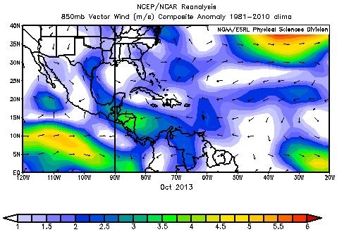 3 Resumen Meteorológico 1.2 Vientos sinópticos: en la figura 1.2 se aprecian las anomalías de dicha variable en la región Centroamericana, el Mar Caribe y el Océano Pacífico.
