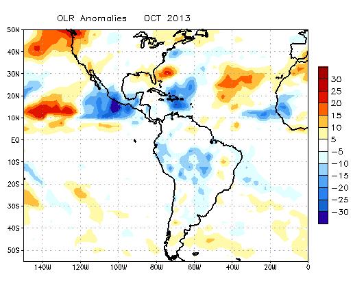 Fuente: Reanálisis NCEP/NCAR. 1.4. Radiación de onda larga: la anomalía de la Radiación de Onda Larga (OLR, por sus siglas en inglés) para el mes de octubre se muestra en la figura 1.