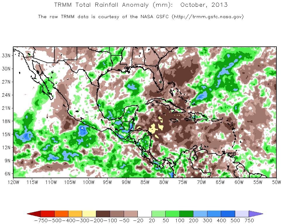 8 Resumen Meteorológico Figura 1.8. Anomalía de lluvia (mm) de octubre de 213 en Centroamérica, Mar Caribe y Golfo de México.