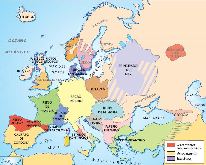 Mapa de Europa en el año 1000 Europa se dividió en numerosos reinos.