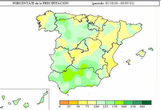 o Valor medio nacional de las precipitaciones acumuladas de 1 de octubre hasta el 3 de mayo de 2011 se cifran en 519 mm.