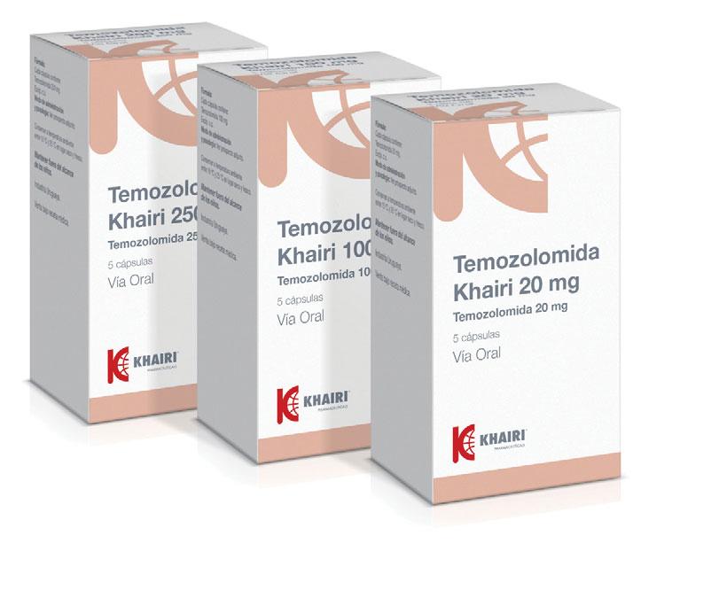 TEMOZOLOMIDA KHAIRI Cada cápsula dura contiene: Temozolomida Khairi 20 mg: Temozolomida 20 mg Excipientes c.s.p. 1 cápsula. Temozolomida Khairi 100 mg: Temozolomida 100 mg Excipientes c.s.p. 1 cápsula. Temozolomida Khairi 250 mg: Temozolomida 250 mg Excipientes c.