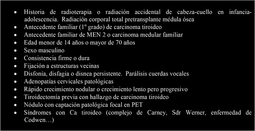 TABLA 2. FACTORES CLÍNICOS PREDICTORES DE MALIGNIDAD EN LOS NÓDULOS TIROIDEOS.