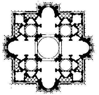 Elige una planta de cruz griega que simbolizaba la sublime perfección para él y su generación El plan de Bramante preveía cuatro grandes capillas llenando los espacios de las esquinas entre los