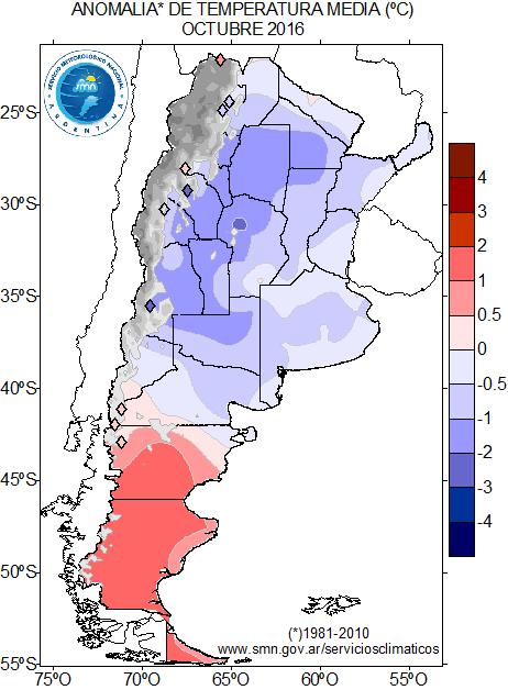 Aires. Hacia el norte de La Pampa se alcanzaron temperaturas por debajo de lo normal con un desvío de entre -1 C a -2 C.