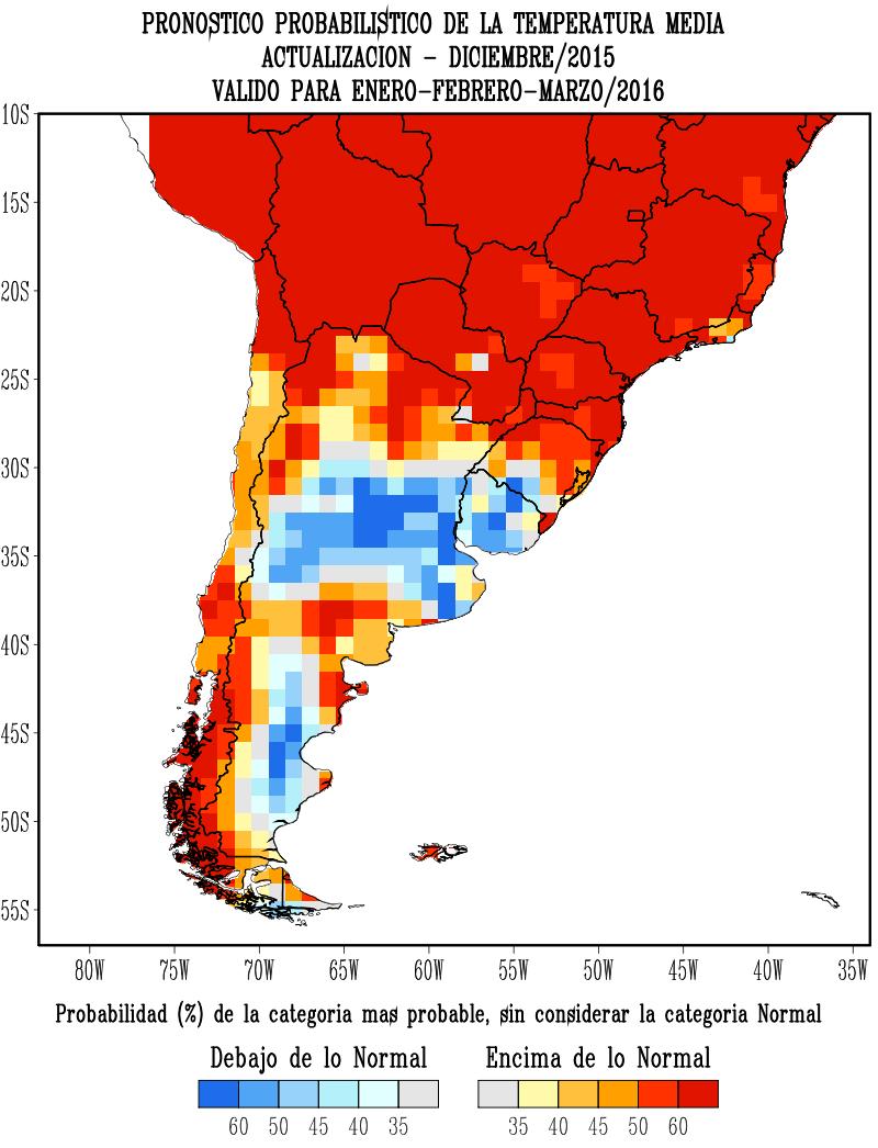 Continuación Pronóstico estacional de temperaturas Pronóstico para: Ene-Feb-Mar Actualizado: 15 Dic Fuente: Centro Regional sobre el clima para el Sur de América del Sur (CRC-SAS).
