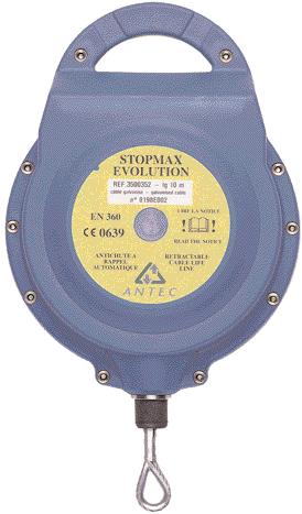 STOPMAX EVOLUTION DE CABLE Retractil automático de cable. Cable de 4,5 mm. Se suministra con y sin mosquetón con testigo de caída.