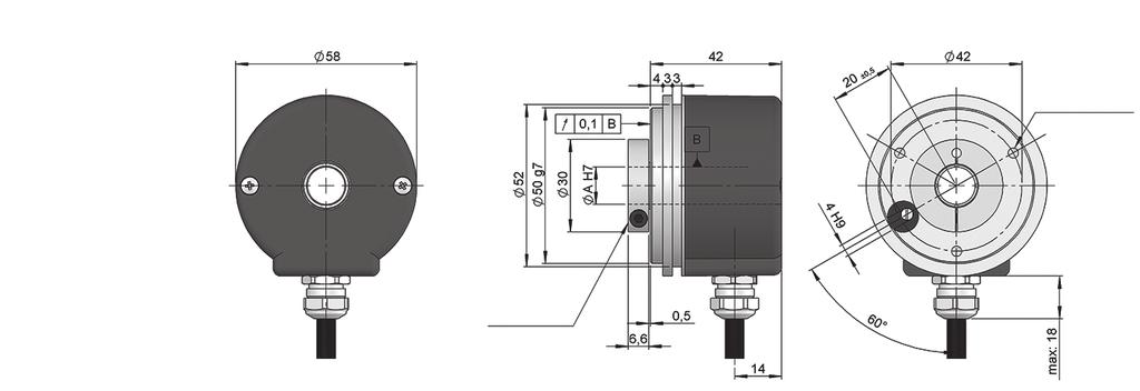 del eje Resistente a vibración y choque IP65 Rango de temperatura Entrega rápida Conector hembra incluido Abrazadera posterior EJE HUECO Ø A 1 10 mm 2