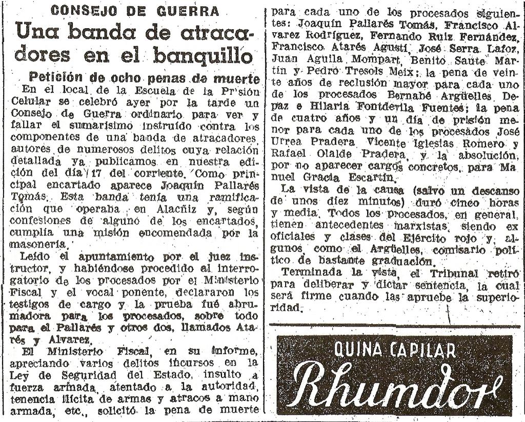 Noticia aparecida en La Vanguardia el 20 de Abril de 1940 tras la detención del grupo dirigido