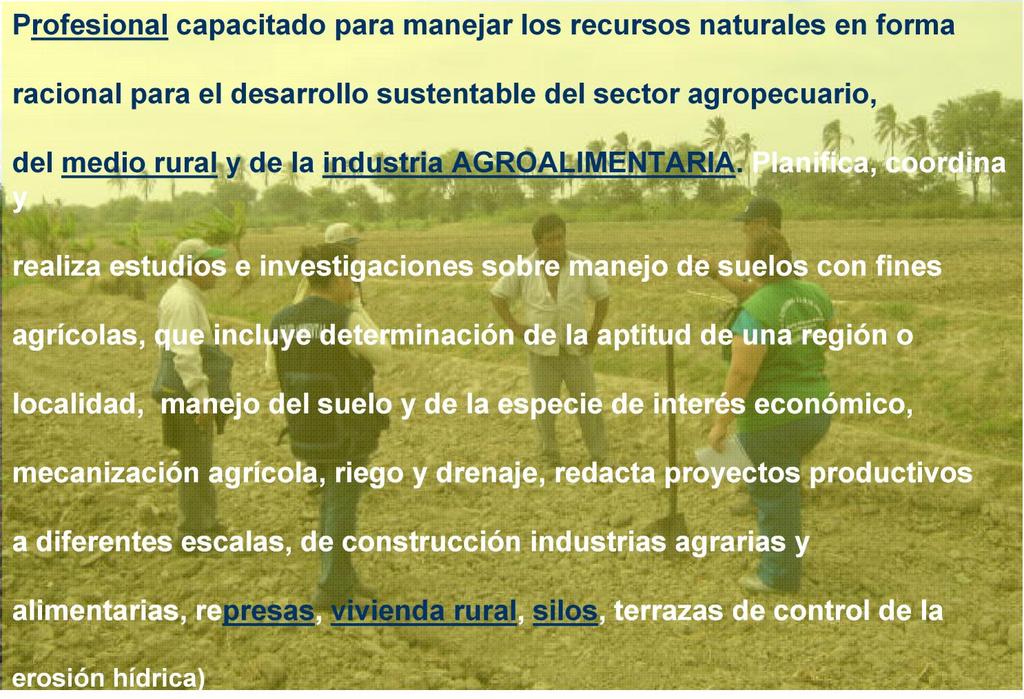 Ingeniero agrónomo : generador de cambios Profesional capacitado para manejar los recursos naturales en forma racional para el desarrollo sustentable del sector agropecuario, del medio rural y de la
