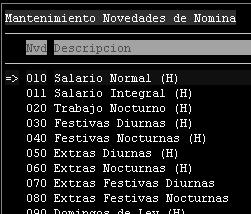MANTENIMIENTO TABLA DE NOVEDADES DE NOMINA OPCION. Principal/ Personal/ Mantenimiento/ Tablas/ Novedades de Nómina. DESCRIPCION.