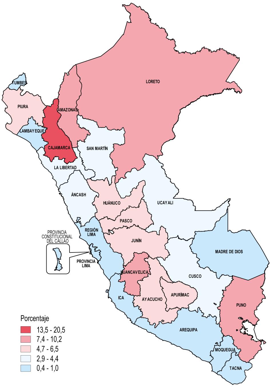 AÑO GRUPO DEPARTAMENTOS Inferior Superior 1 Cajamarca 16,6% 23,3% 2016 Perú: Incidencia de Pobreza Extrema por grupos de departamentos semejantes estadísticamente, 2016-2017 2 3 4 5 Amazonas,