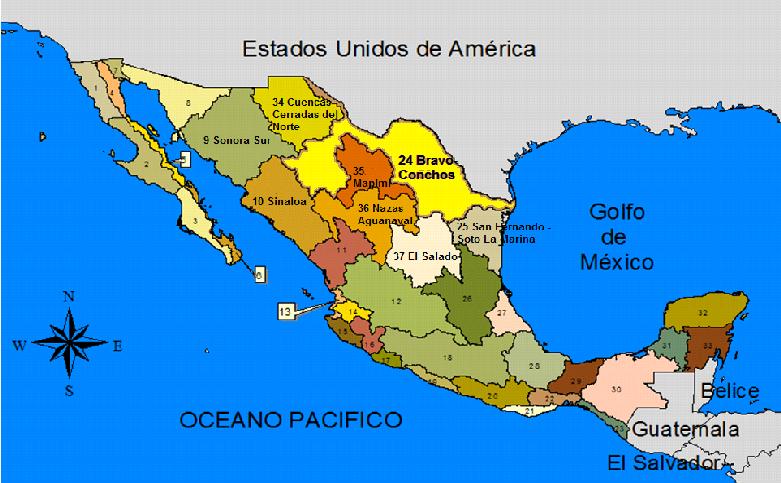 26 En la región hidrológica están comprendidas partes de las entidades mexicanas de Chihuahua, Coahuila, Durango, Nuevo León y Tamaulipas; tiene una superficie de escurrimiento de 226,275 kilómetros