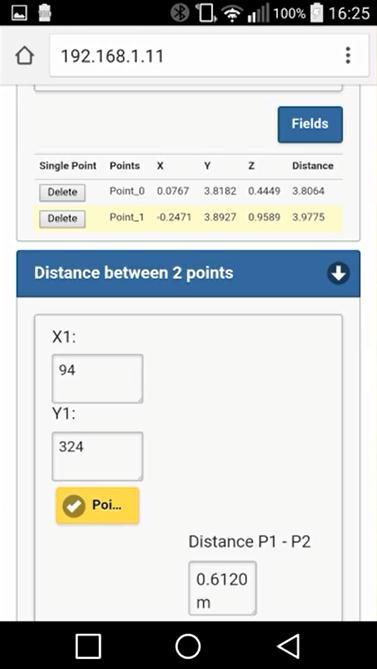 Software de campo para X300 Medir la distancia entre dos puntos escaneados Permite seleccionar dos puntos cualesquiera
