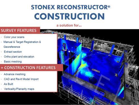 STONEX RECONSTRUCTOR CONSTRUCTION Software: Módulo CONSTRUCTION FUNCIONES DE SURVEY - Colorear los escaneados - Registro manual y con objetivos o dianas, georeferenciación - Extracción de secciones -