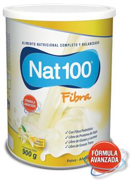 NAT 100 FIBRA: Laboratorio: Boston. Presentación: Lata 900 g, sabor vainilla. Descripción: Fórmula polimérica, normocalórica y normoproteica con fibra.