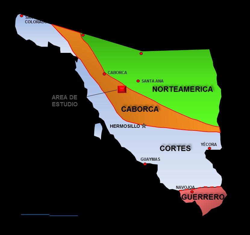 Figura 3. Distribución esquemática de los terrenos tectonoestratigráficos en Sonora. Las edades isotópicas para las rocas metamórficas y plutónicas de esta parte del Cratón varía de 1.7-1.