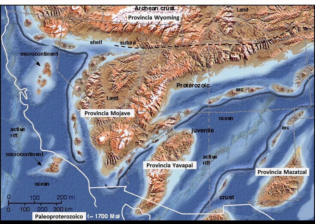 Figura 5. Reconstrucción paleogeográfica especulativa de las provincias paleoproterozoicas Mojave, Yavapai y Mazatzal en el suroeste de Laurencia 1700 Ma (http://jan.ucc.nau.edu/rcb7/pcpaleo.html).