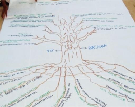 Los estudiantes escribirán las causas y consecuencias del problema con frases simples en lengua indígena y español en un organizador gráfico llamado el árbol de problemas.