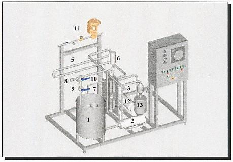 Pasteurizador 500L/h (Figura 14). 1. Tanque de balance 2. Bomba de circulación de producto 3. Válvula reguladora de flujo 4. Intercambiador de calor VT-04 5. Tubería de Pasteurización 6.