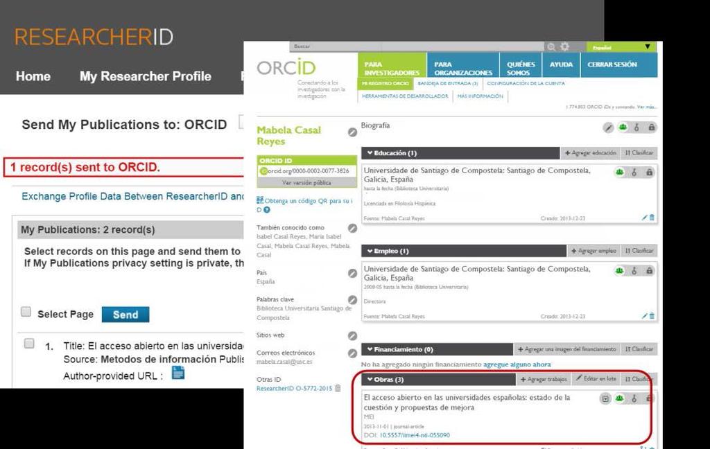 imprescindible que as publicacións en ORCID sexan públicas) Na seguinte pantalla poderá seleccionar as publicacións