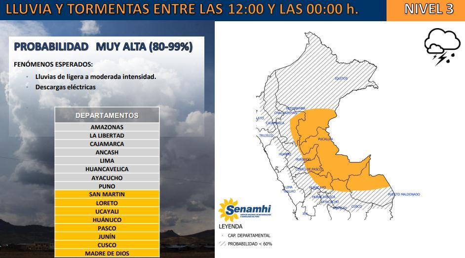 Estas precipitaciones se darían entre el mediodía y las 12 de la madrugada de hoy en los departamentos de San Martín, Loreto, Ucayali, Pasco, Huánuco, Junín, Cusco y Madre de Dios.